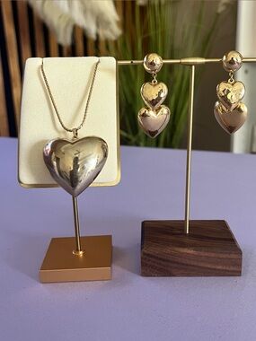 Vintage Park Lane Puffy Heart Necklace + Matching Gold Tone Heart Earrings Set